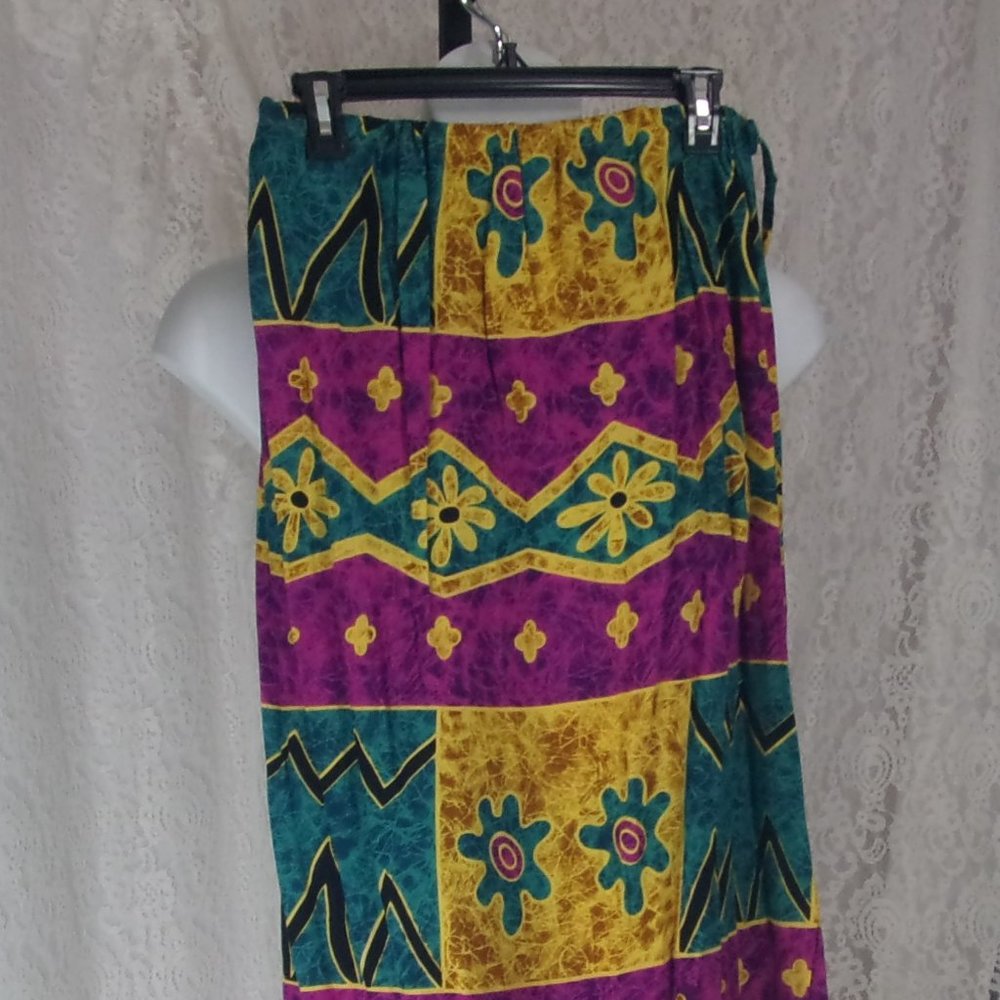 Wrap Skirt One Size Wrap Drawstring Waist Side Slit Purple Teal Print